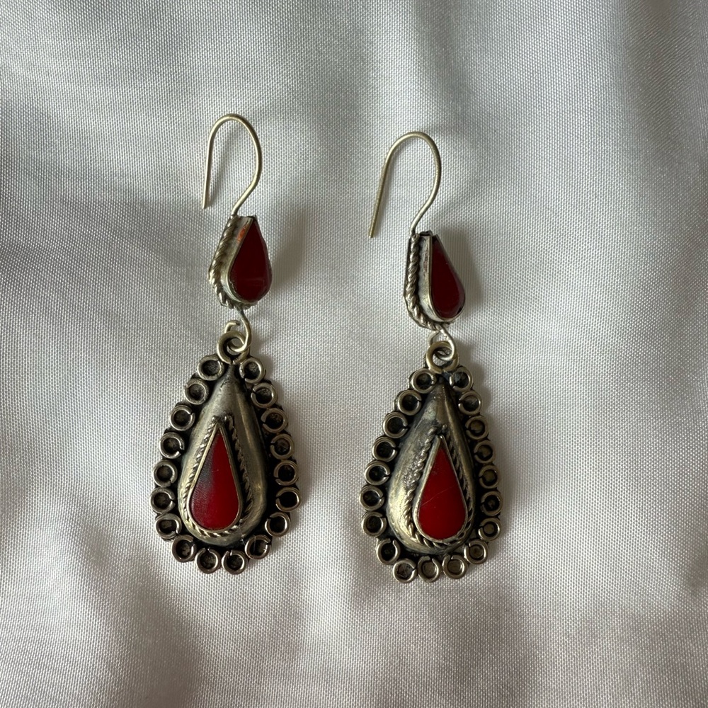Vintage Afghan Red Teardrop Earrings